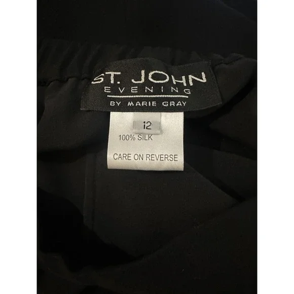 St. John Evening 100% Silk Chiffon Overlay Pants Wide-Leg Slit Black Size 12 - Picture 4 of 16